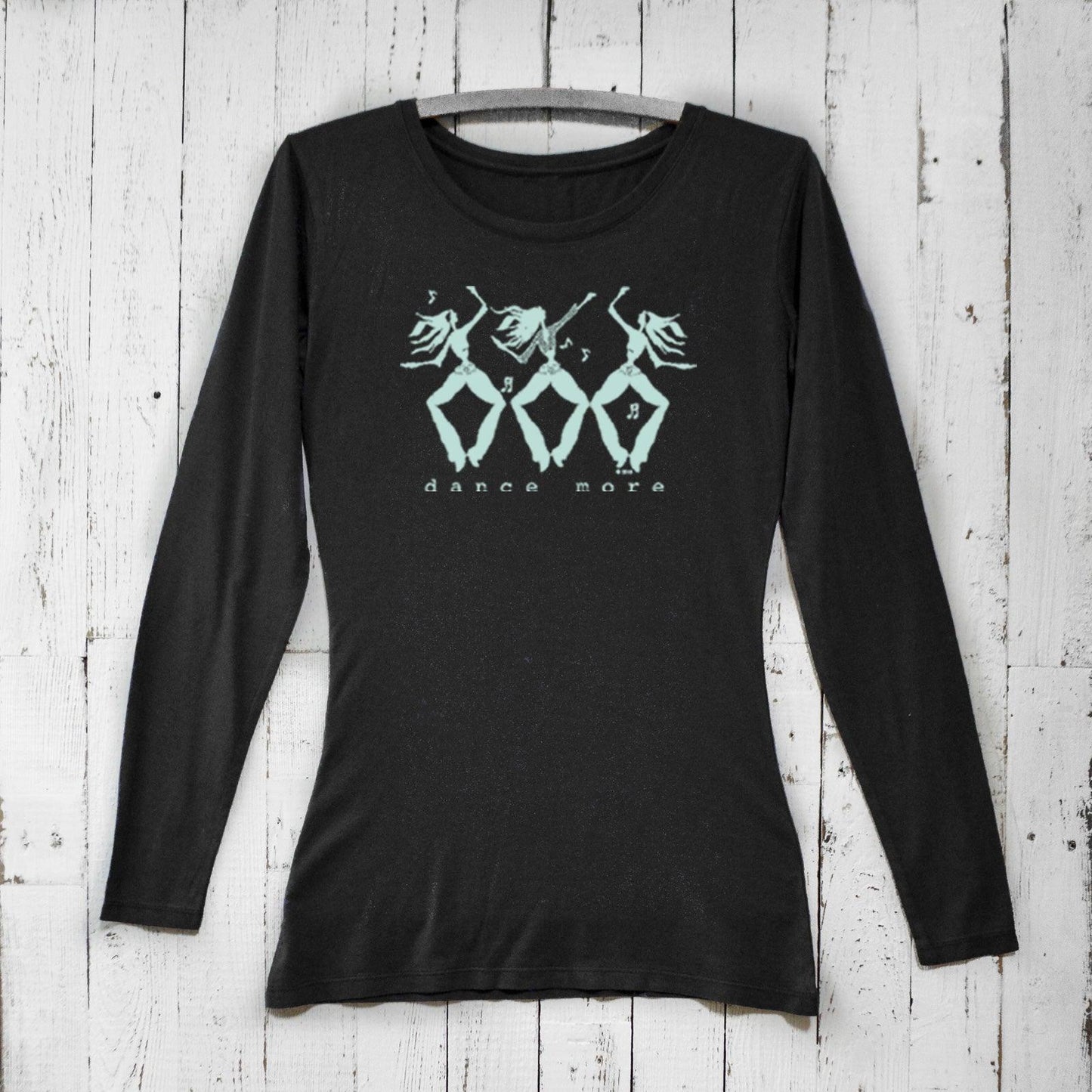 Black Women's Dance More Long Sleeve T-Shirt with mint green dancer graphic, crafted in bamboo and organic cotton for comfort and movement.