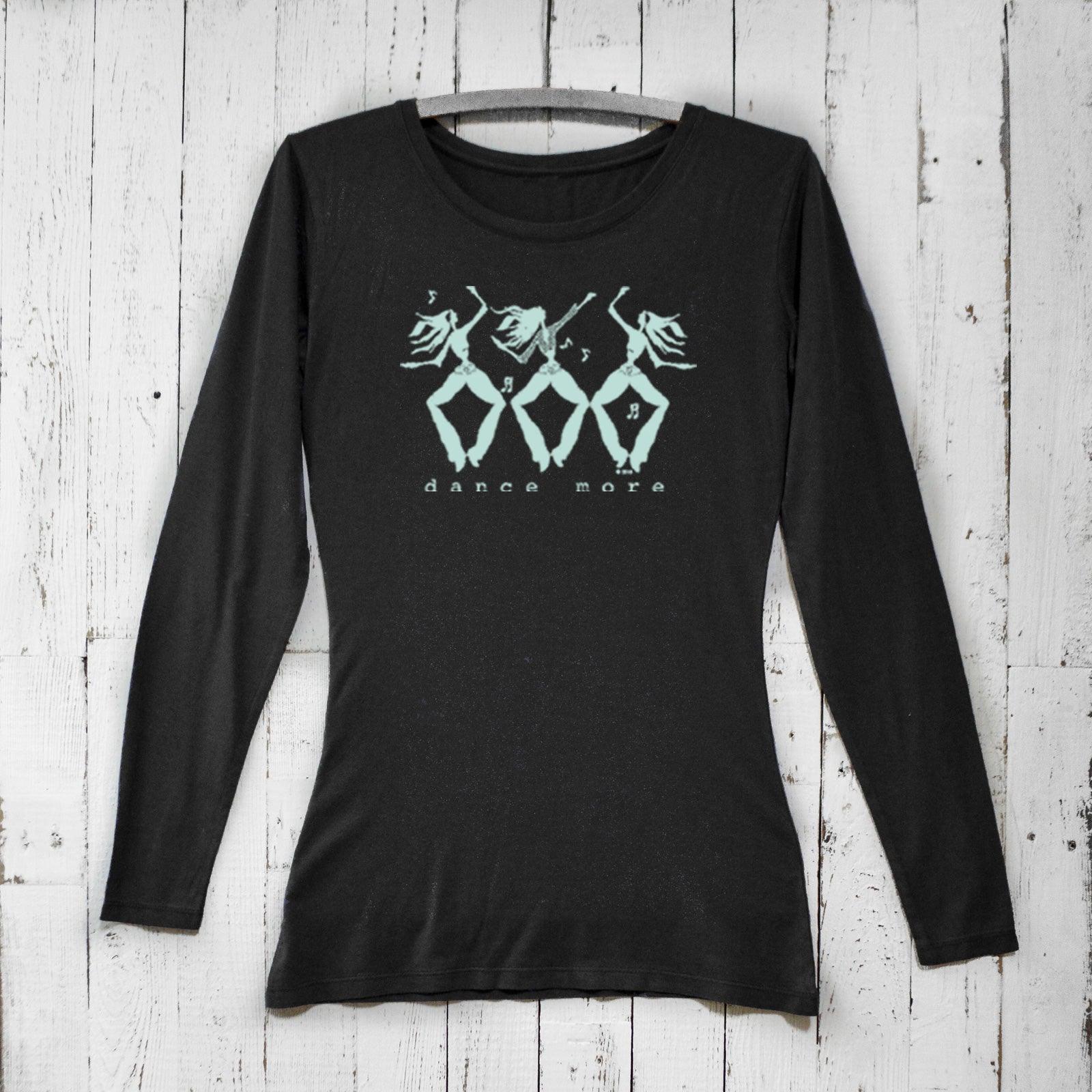 Black Women's Dance More Long Sleeve T-Shirt with mint green dancer graphic, crafted in bamboo and organic cotton for comfort and movement.