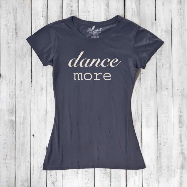 Navy blue Women's Dance T-Shirt in bamboo & organic cotton with 'dance more' graphic. Ideal inspirational fitness tee for dance enthusiasts.