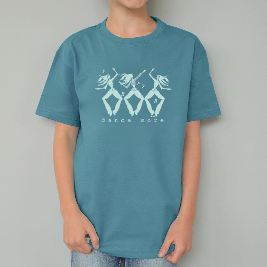 Teal kids' t-shirt with white dancing figures and 'dance more' text, organic cotton top for active, eco-conscious children.