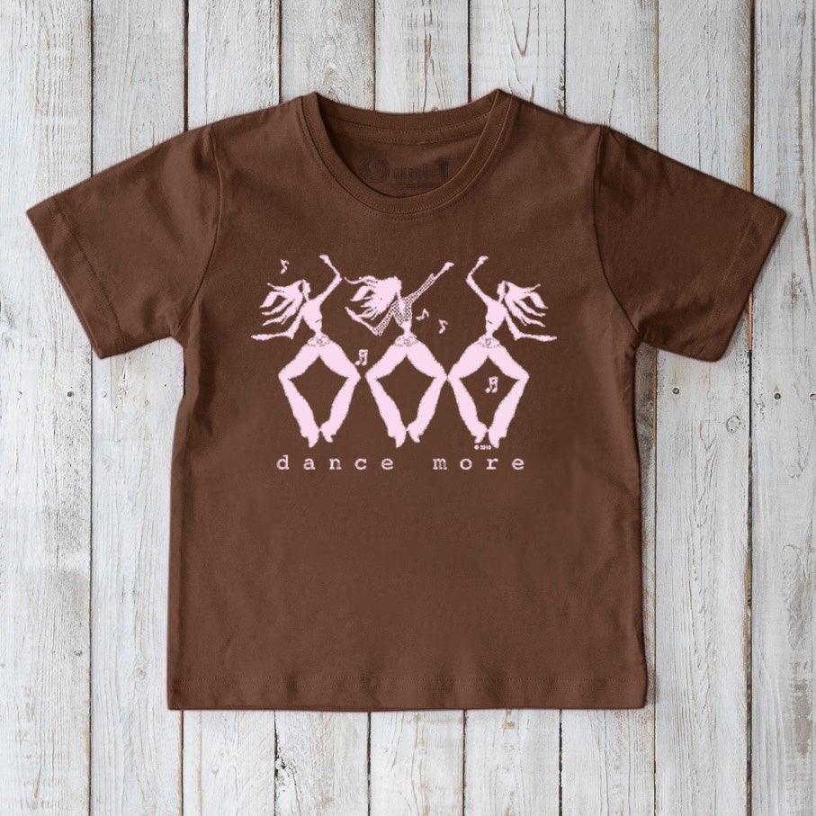 Brown organic cotton kids' t-shirt with pink 'dance more' graphic, sustainable and playful apparel by Uni-T.