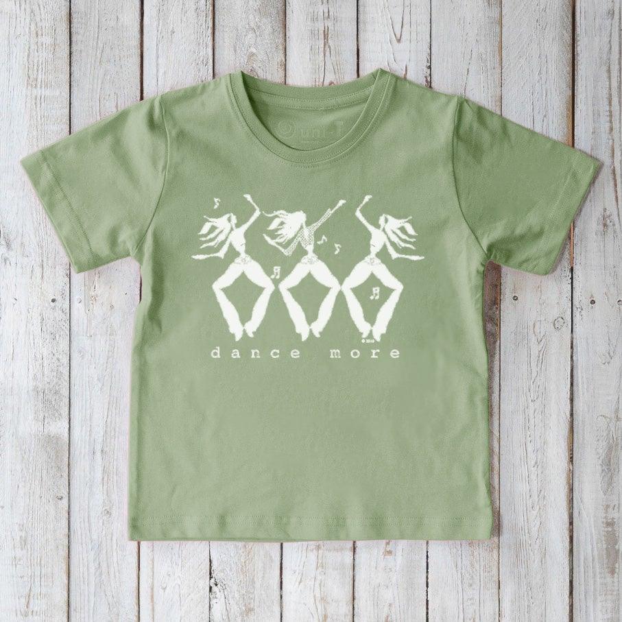 Light green kids' t-shirt with white dancing figures and 'dance more' slogan, eco-friendly and fun activewear for children.