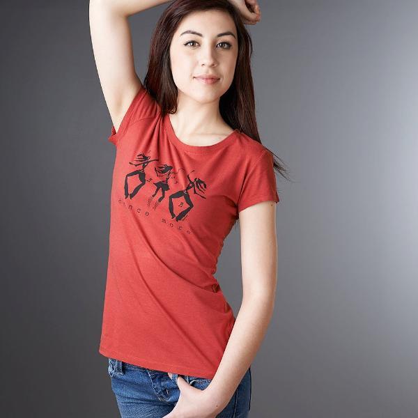 Model wearing Women's Dance T-Shirt in Bamboo & Organic Cotton in red with black 'Dance More' dancer print, perfect for fitness or casual wear.
