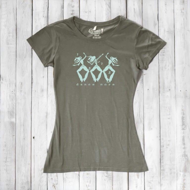 Olive green Women's Dance T-Shirt in Bamboo & Organic Cotton featuring light blue 'Dance More' dancer graphic, eco-friendly and stylish.