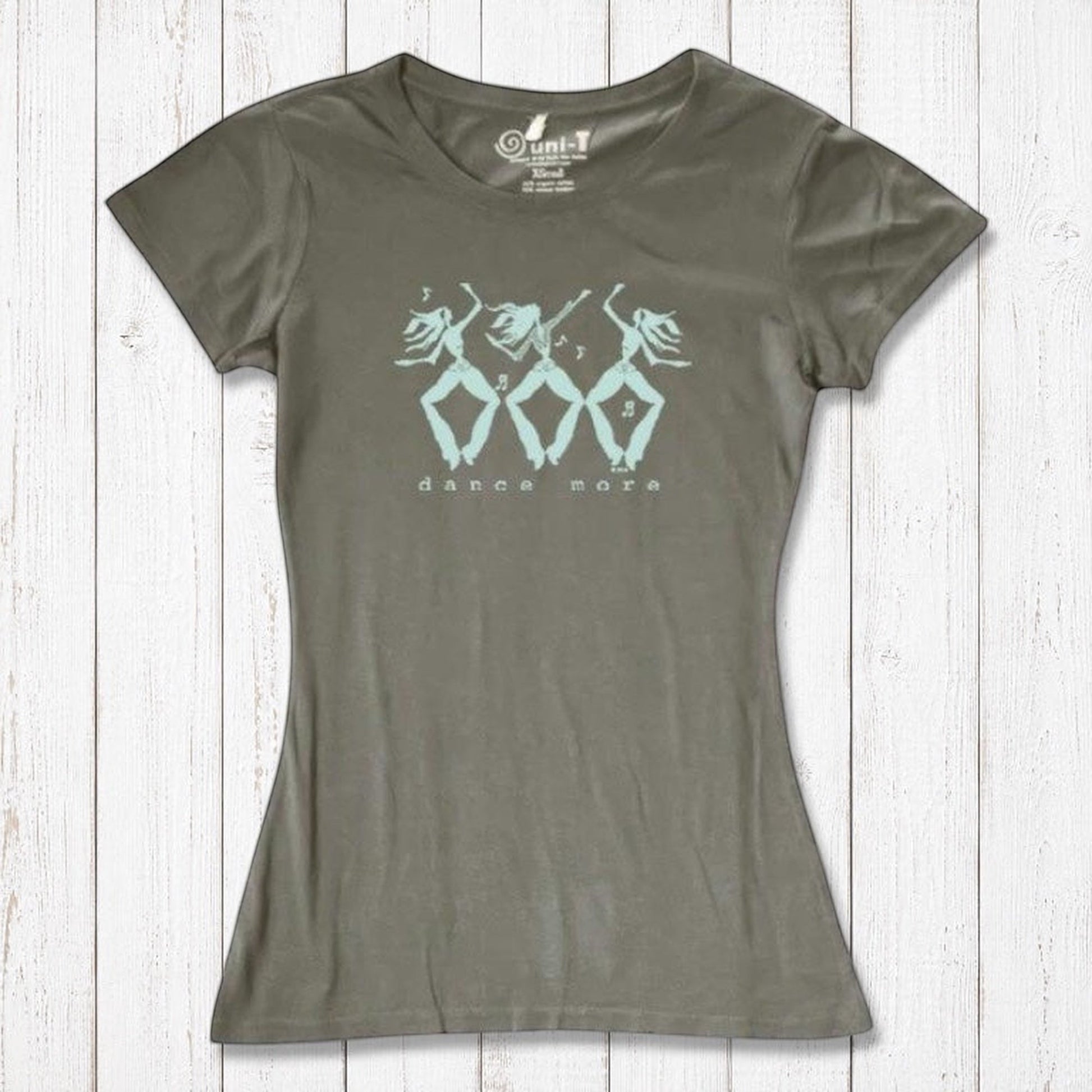Olive green Women's Dance T-Shirt in Bamboo & Organic Cotton featuring light blue 'Dance More' dancer graphic, eco-friendly and stylish.