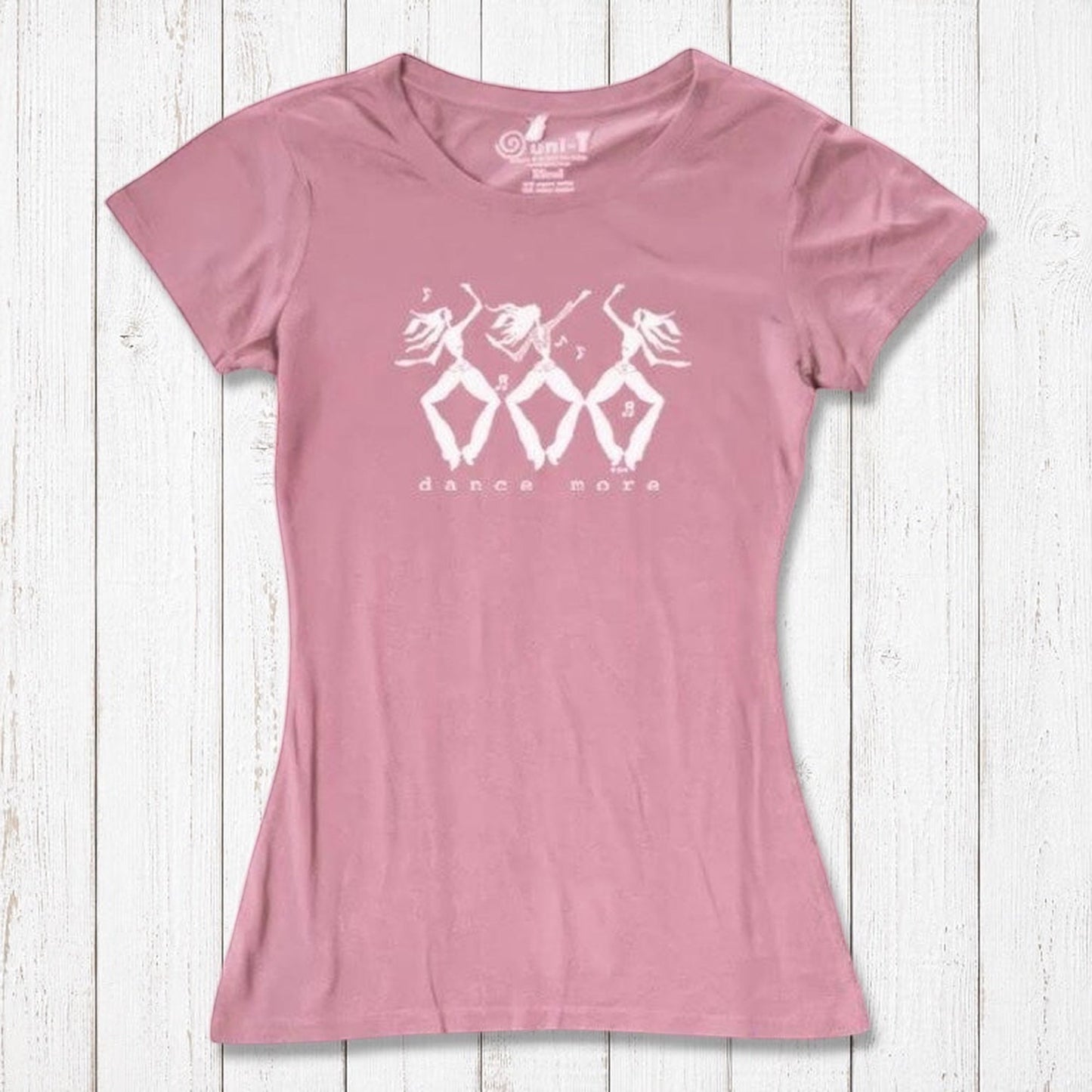 Pink Women's Dance T-Shirt in Bamboo & Organic Cotton with white 'Dance More' dancer print, soft and breathable for active lifestyles.