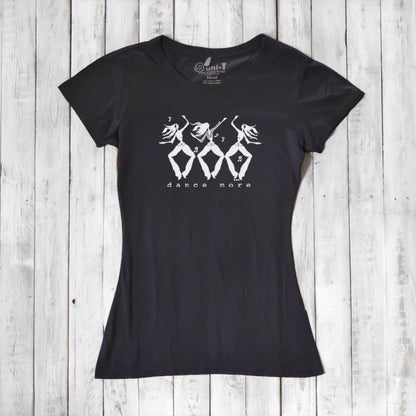 Black Women's Dance T-Shirt in Bamboo & Organic Cotton with white 'Dance More' dancer design, inspirational and sustainable fashion choice.