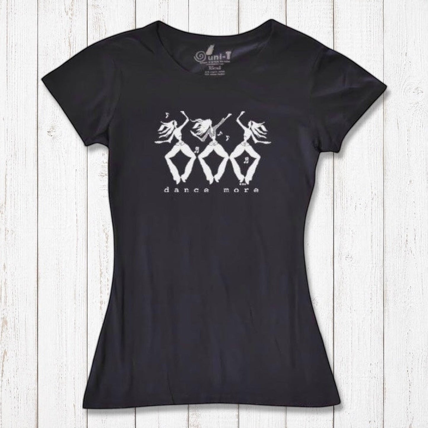 Black Women's Dance T-Shirt in Bamboo & Organic Cotton with white 'Dance More' dancer design, inspirational and sustainable fashion choice.