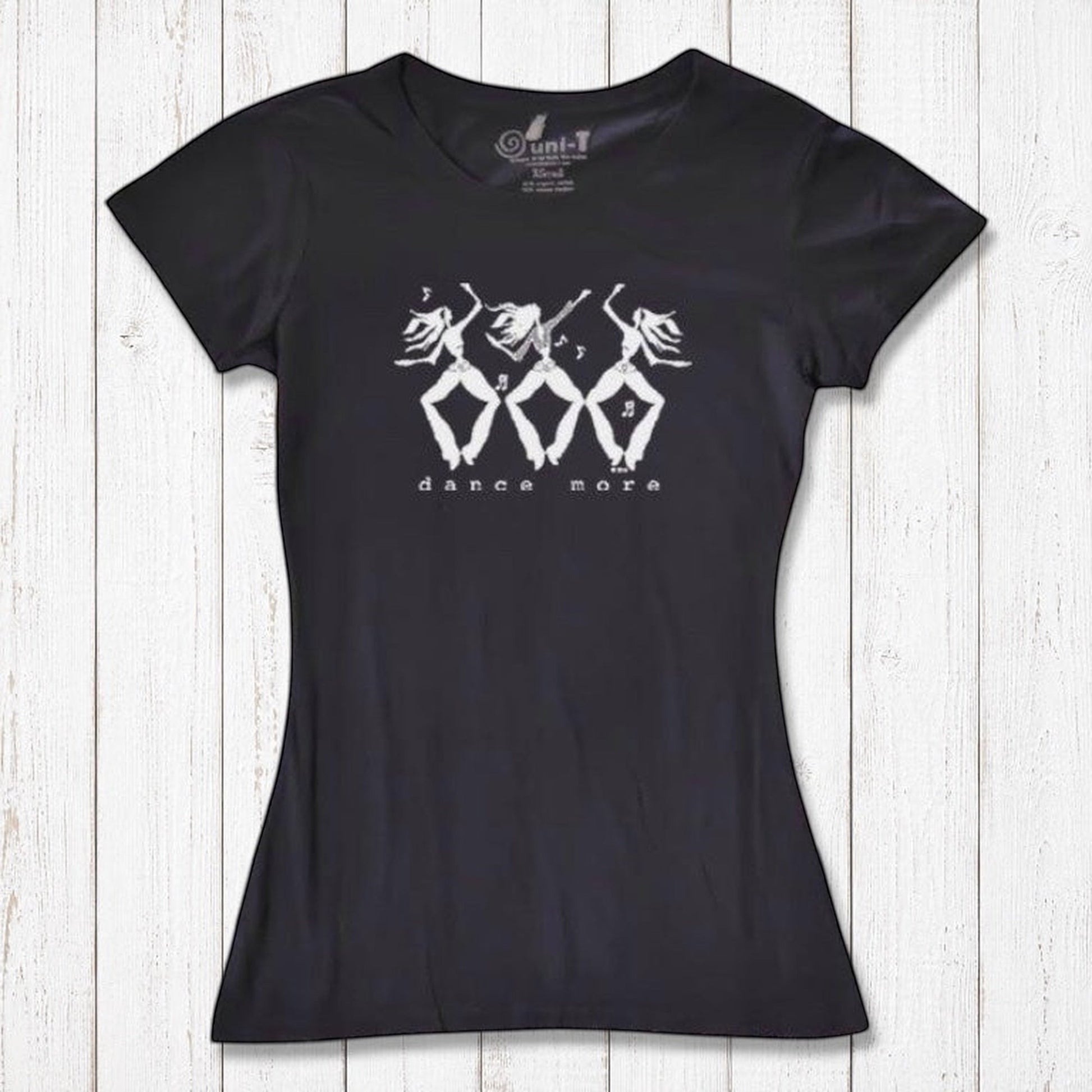 Black Women's Dance T-Shirt in Bamboo & Organic Cotton with white 'Dance More' dancer design, inspirational and sustainable fashion choice.