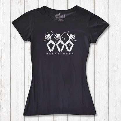 Black Women's Dance T-Shirt in Bamboo & Organic Cotton with white 'Dance More' dancer design, inspirational and sustainable fashion choice.