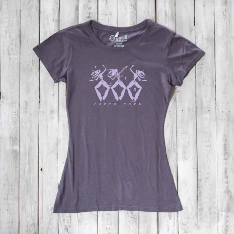 Charcoal gray Women's Dance T-Shirt in Bamboo & Organic Cotton with lavender 'Dance More' dancer print, ideal for fitness and dance lovers.