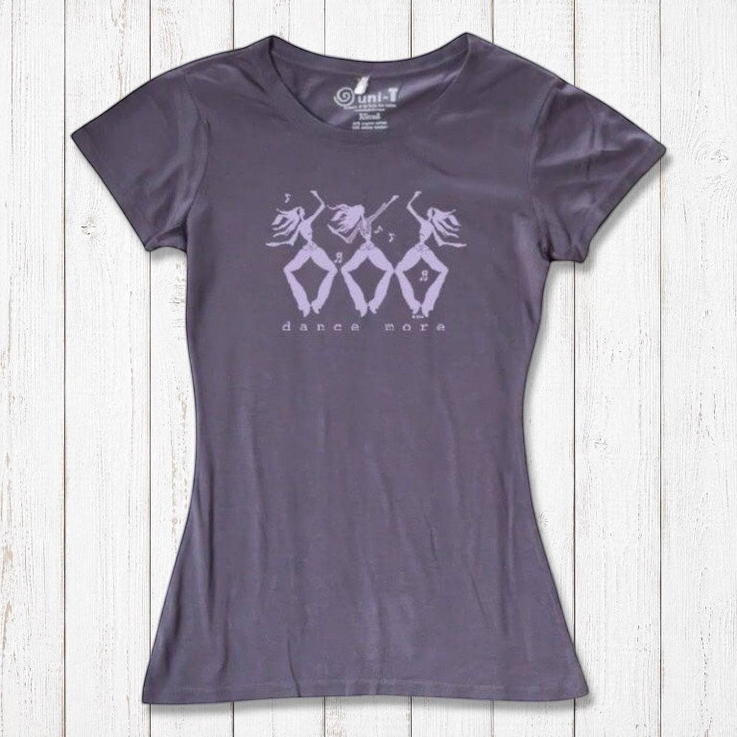 Charcoal gray Women's Dance T-Shirt in Bamboo & Organic Cotton with lavender 'Dance More' dancer print, ideal for fitness and dance lovers.
