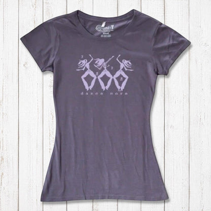 Charcoal gray Women's Dance T-Shirt in Bamboo & Organic Cotton with lavender 'Dance More' dancer print, ideal for fitness and dance lovers.