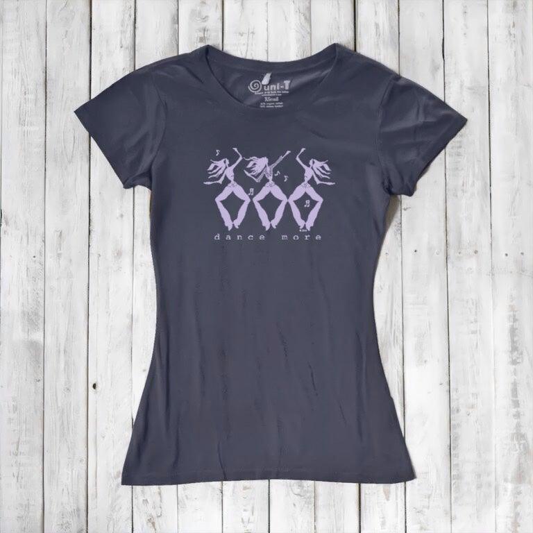 Navy blue Women's Dance T-Shirt in Bamboo & Organic Cotton with light purple 'Dance More' dancer design, soft and stylish for active wear.