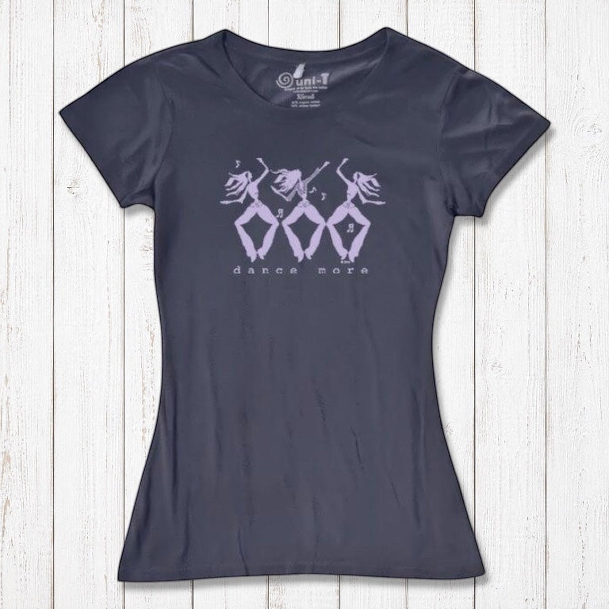 Navy blue Women's Dance T-Shirt in Bamboo & Organic Cotton with light purple 'Dance More' dancer design, soft and stylish for active wear.