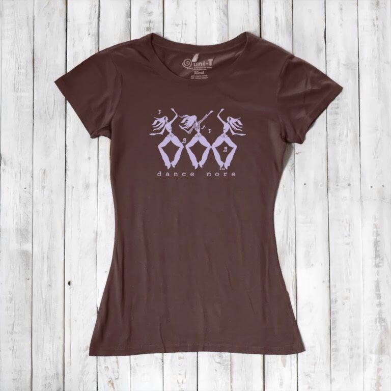 Brown Women's Dance T-Shirt in Bamboo & Organic Cotton with lavender 'Dance More' dancer graphic, sustainable and motivational apparel.