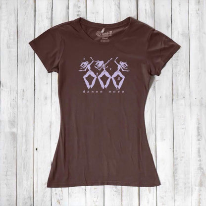 Brown Women's Dance T-Shirt in Bamboo & Organic Cotton with lavender 'Dance More' dancer graphic, sustainable and motivational apparel.
