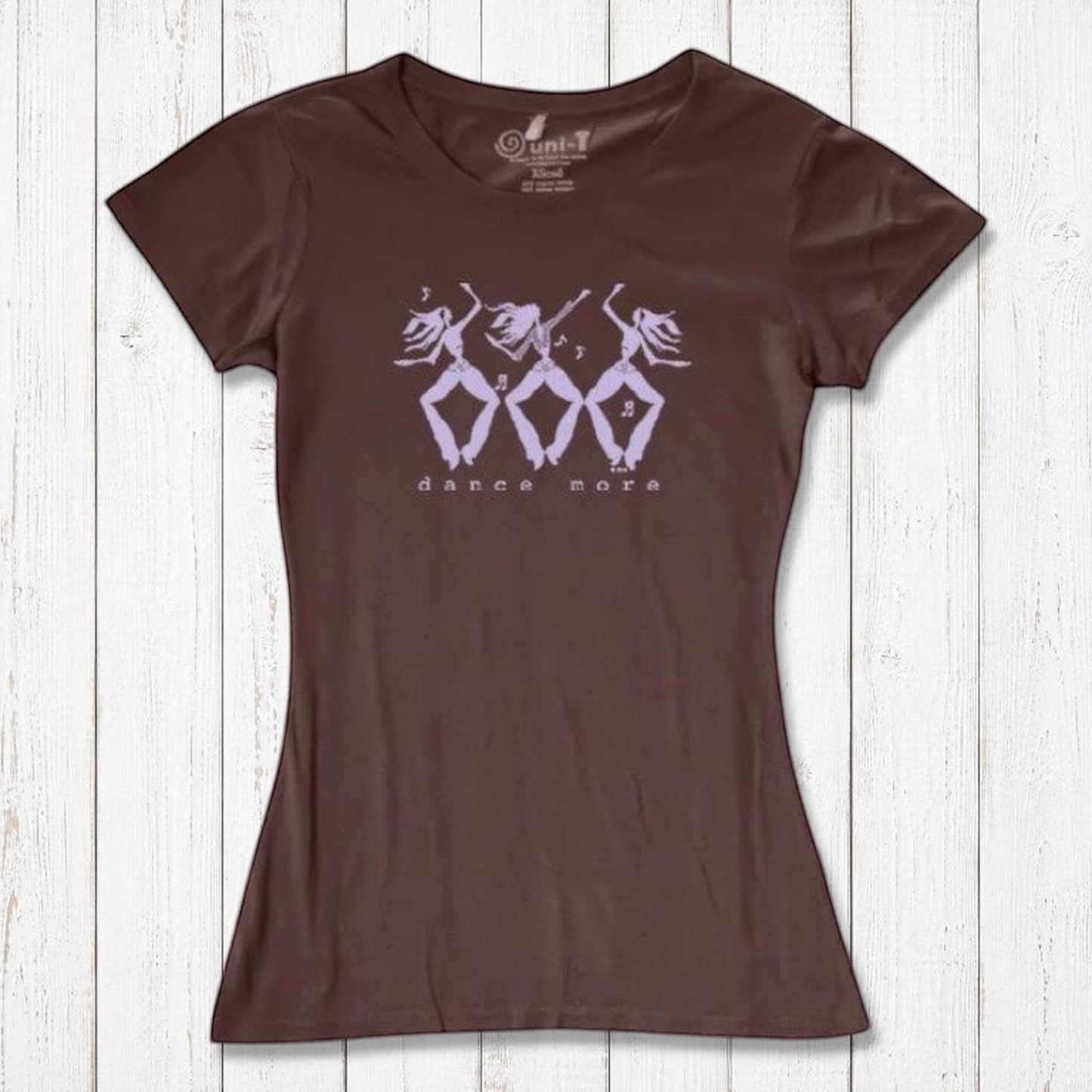 Brown Women's Dance T-Shirt in Bamboo & Organic Cotton with lavender 'Dance More' dancer graphic, sustainable and motivational apparel.