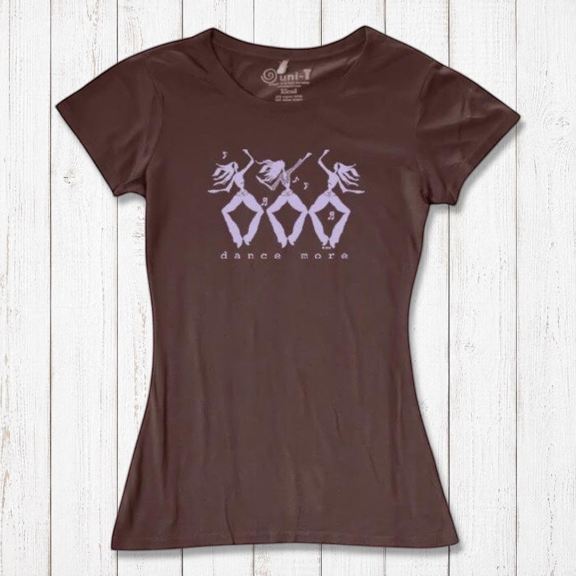 Brown Women's Dance T-Shirt in Bamboo & Organic Cotton with lavender 'Dance More' dancer graphic, sustainable and motivational apparel.