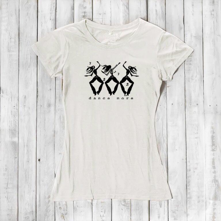White Women's Dance T-Shirt in Bamboo & Organic Cotton with black 'Dance More' dancer print, breathable and perfect for dance enthusiasts.