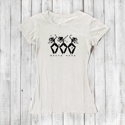 White Women's Dance T-Shirt in Bamboo & Organic Cotton with black 'Dance More' dancer print, breathable and perfect for dance enthusiasts.