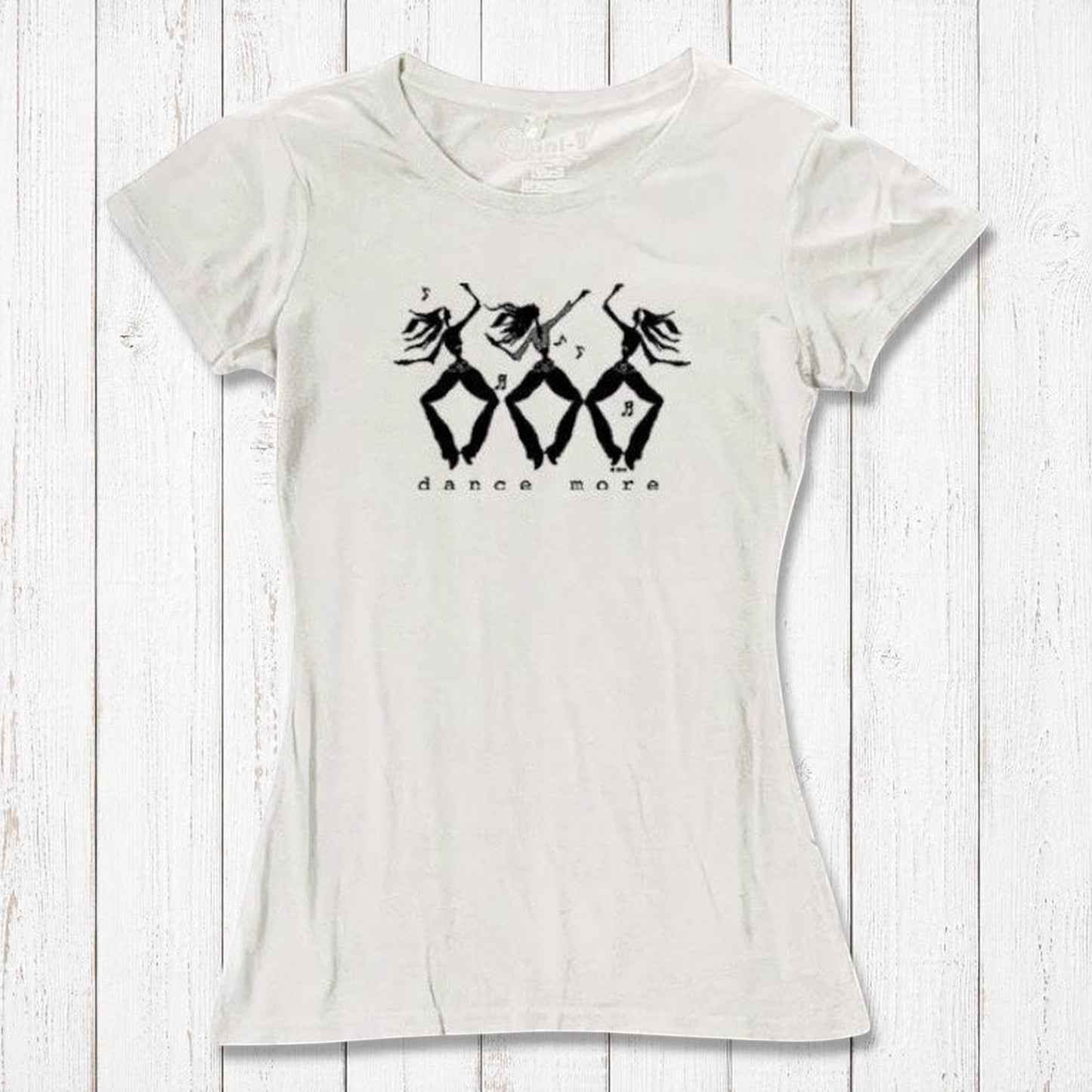 White Women's Dance T-Shirt in Bamboo & Organic Cotton with black 'Dance More' dancer print, breathable and perfect for dance enthusiasts.