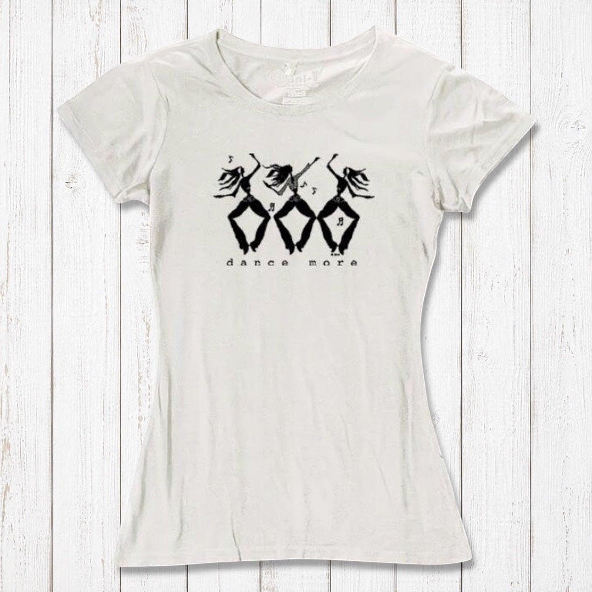 White Women's Dance T-Shirt in Bamboo & Organic Cotton with black 'Dance More' dancer print, breathable and perfect for dance enthusiasts.