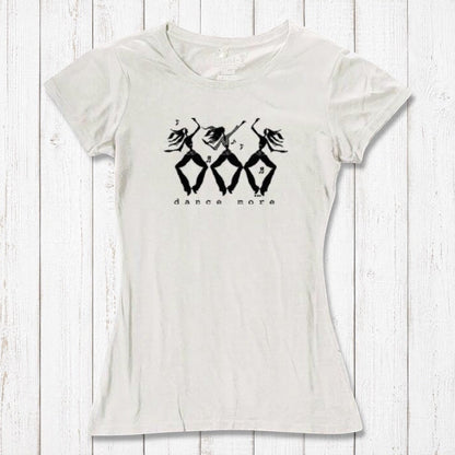 White Women's Dance T-Shirt in Bamboo & Organic Cotton with black 'Dance More' dancer print, breathable and perfect for dance enthusiasts.