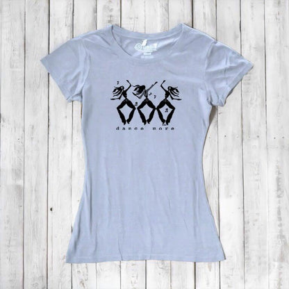 Light blue Women's Dance T-Shirt in Bamboo & Organic Cotton with black 'Dance More' dancer graphic, eco-friendly and inspirational gift idea.