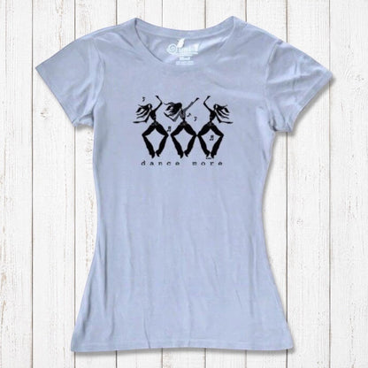 Light blue Women's Dance T-Shirt in Bamboo & Organic Cotton with black 'Dance More' dancer graphic, eco-friendly and inspirational gift idea.