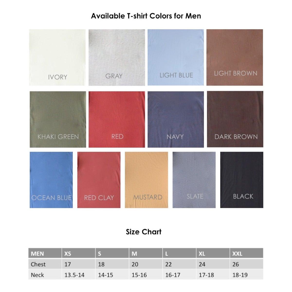 Color and size chart for Men's 'Dancing Outside the Box' bamboo and organic cotton t-shirt, available in 12 colors and sizes XS to XXL.