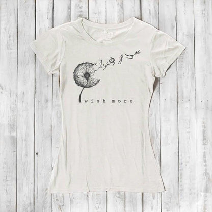 Women's Dandelion T-Shirt in Bamboo & Organic Cotton with 'Wish More' graphic in white on cream background. Inspirational gift tee by Uni-T.