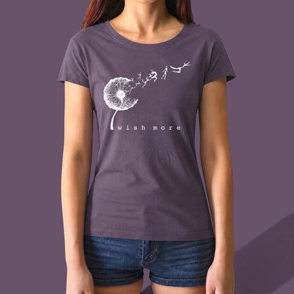 Women’s navy blue bamboo and organic cotton graphic T-shirt with wish more dandelion design, casual wear, size M SKU: WSSXXSOCN