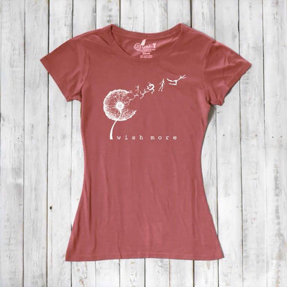 Rust red Women's Bamboo & Organic Cotton T-Shirt with white dandelion 'Wish More' graphic. Soft, inspirational tee by Uni-T.