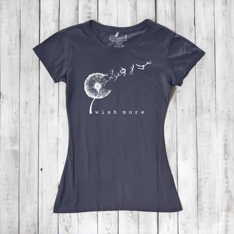 Charcoal Women's Dandelion T-Shirt in bamboo & organic cotton with 'Wish More' design. Inspirational and eco-friendly fashion by Uni-T.
