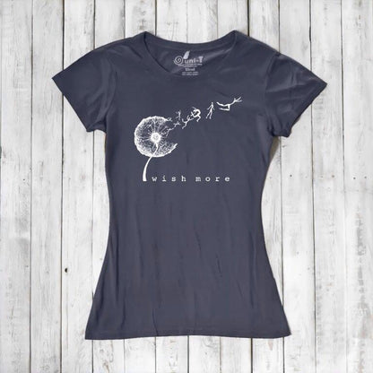 Charcoal Women's Dandelion T-Shirt in bamboo & organic cotton with 'Wish More' design. Inspirational and eco-friendly fashion by Uni-T.