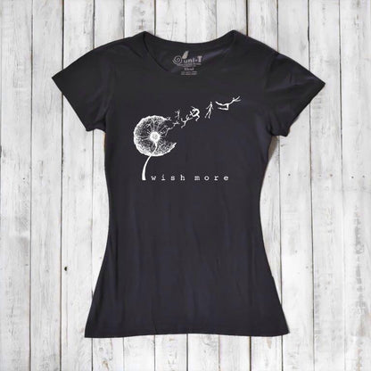 Black Women's Dandelion T-Shirt in bamboo & organic cotton with 'Wish More' print. Inspirational and eco-friendly tee by Uni-T.