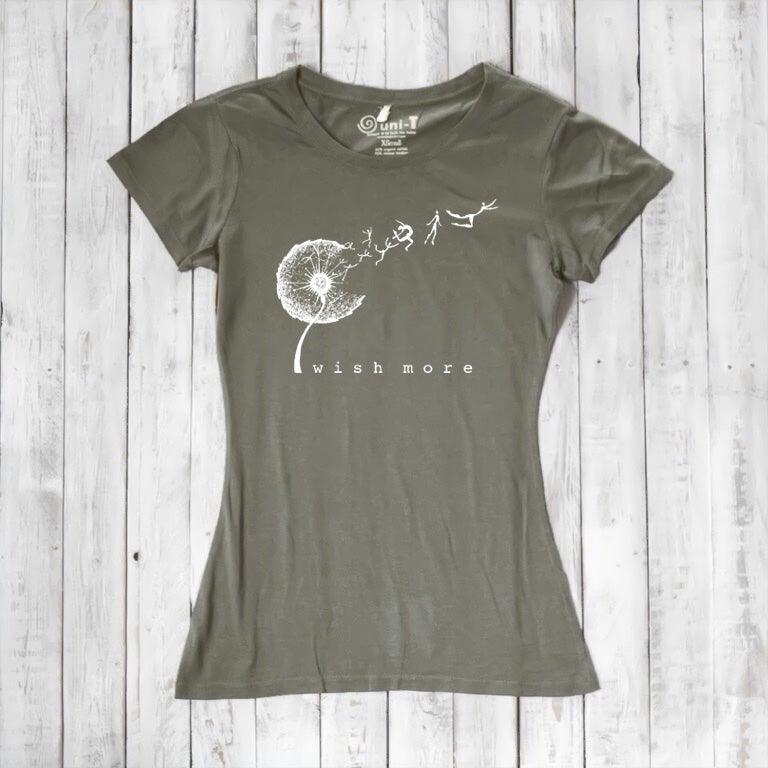 Olive green Women's Bamboo & Organic Cotton T-Shirt with white 'Wish More' dandelion graphic. Sustainable and motivational gift by Uni-T.