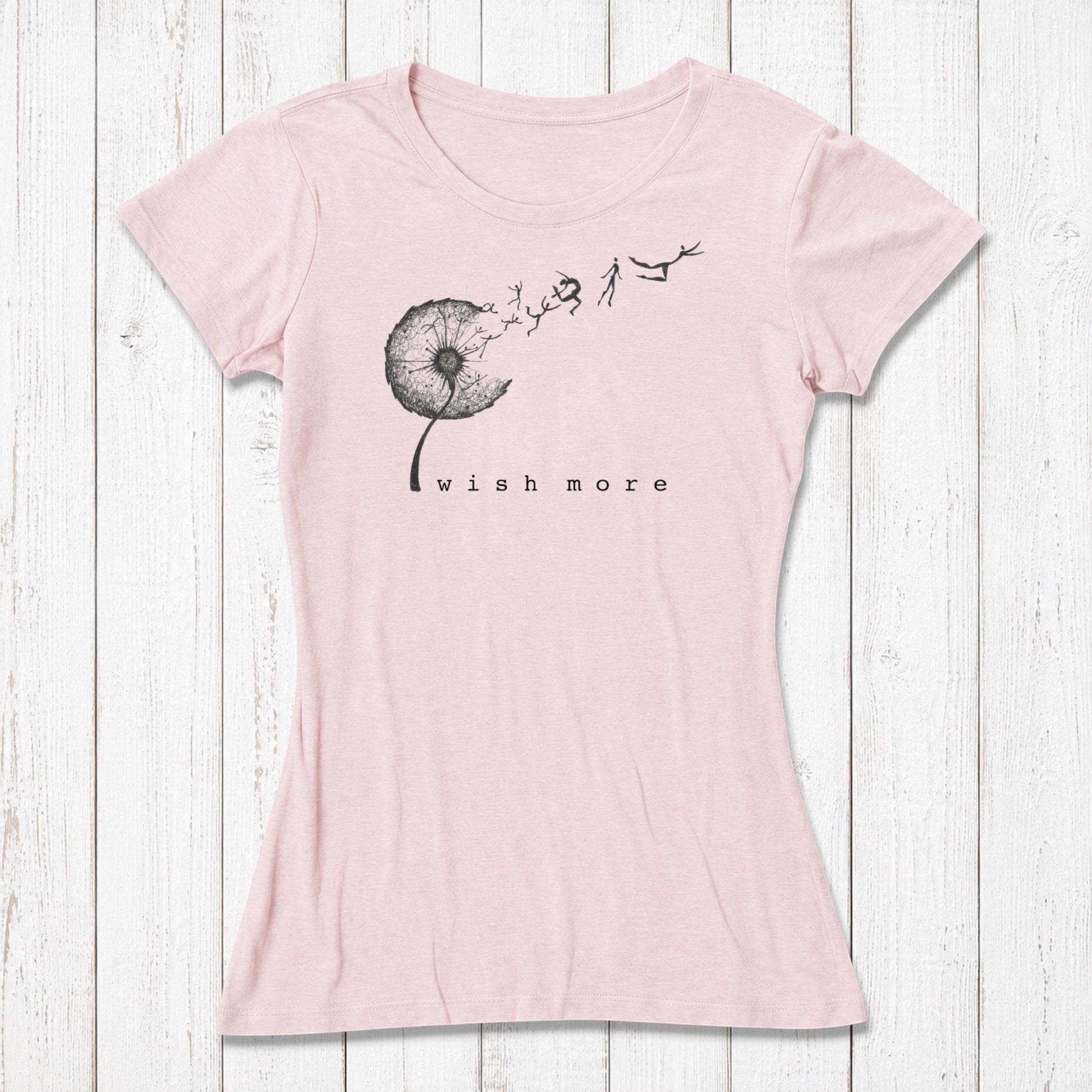 Light pink women's T-shirt with black dandelion and flying human figures design, casual style, eco-friendly bamboo and organic cotton fabric, SKU: WSSXXSOCN