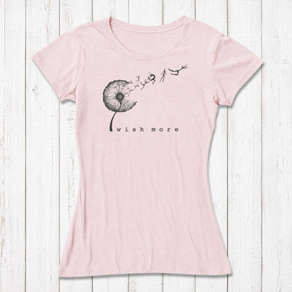 Light pink women's T-shirt with black dandelion and flying human figures design, casual style, eco-friendly bamboo and organic cotton fabric, SKU: WSSXXSOCN