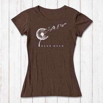 Brown women's graphic T-shirt made of bamboo and organic cotton with dandelion and human figures design, casual style, SKU: WSSXXSOCN