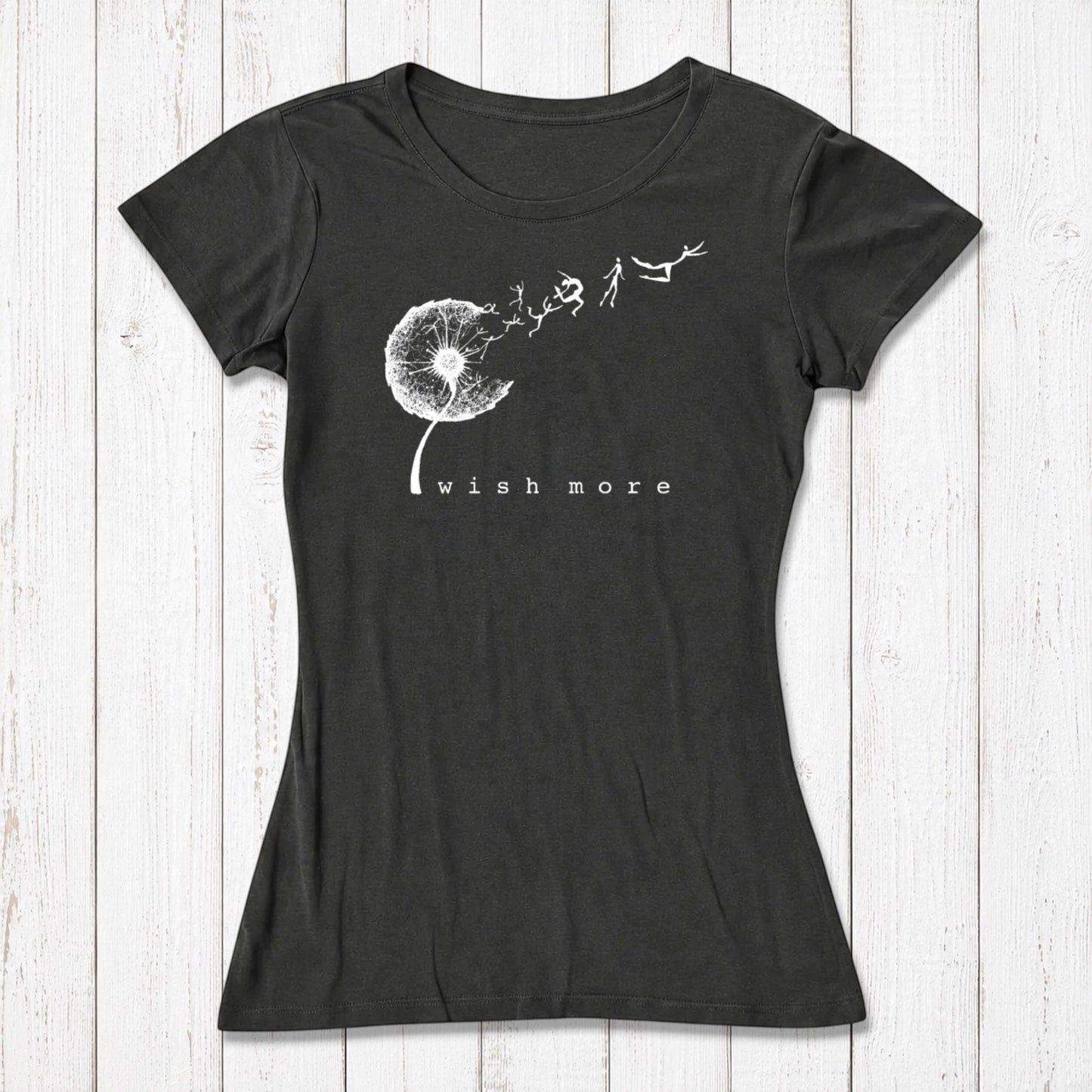 Women’s black bamboo and organic cotton graphic T-shirt with wish more dandelion design, casual wear, size M SKU: WSSXXSOCN