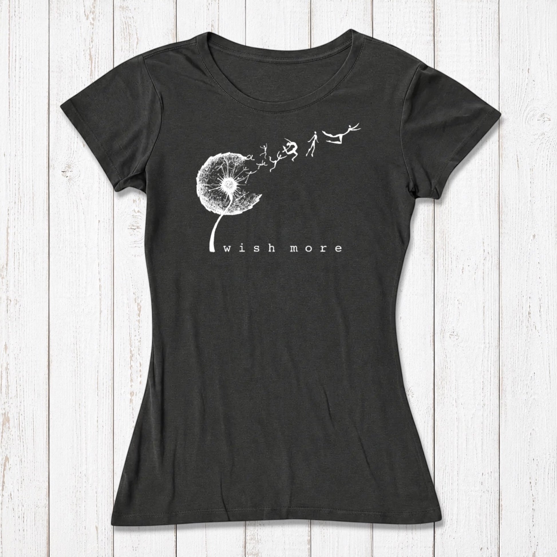 Women’s black bamboo and organic cotton graphic T-shirt with wish more dandelion design, casual wear, size M SKU: WSSXXSOCN