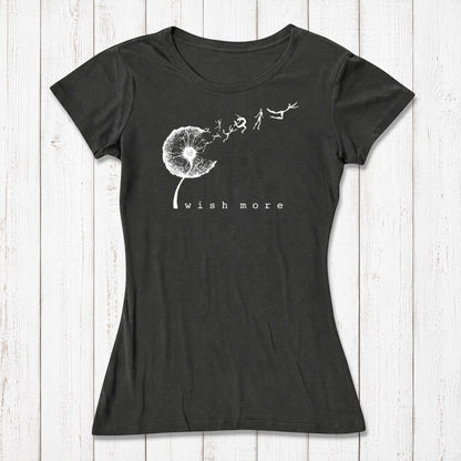 Women’s black bamboo and organic cotton graphic T-shirt with wish more dandelion design, casual wear, size M SKU: WSSXXSOCN