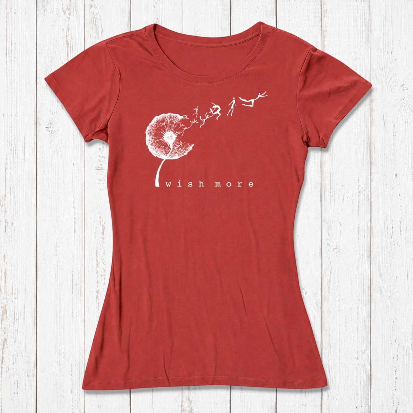 Red women's T-shirt with white dandelion and human figures design, casual style, eco-friendly bamboo and organic cotton fabric, SKU: WSSXXSOCN