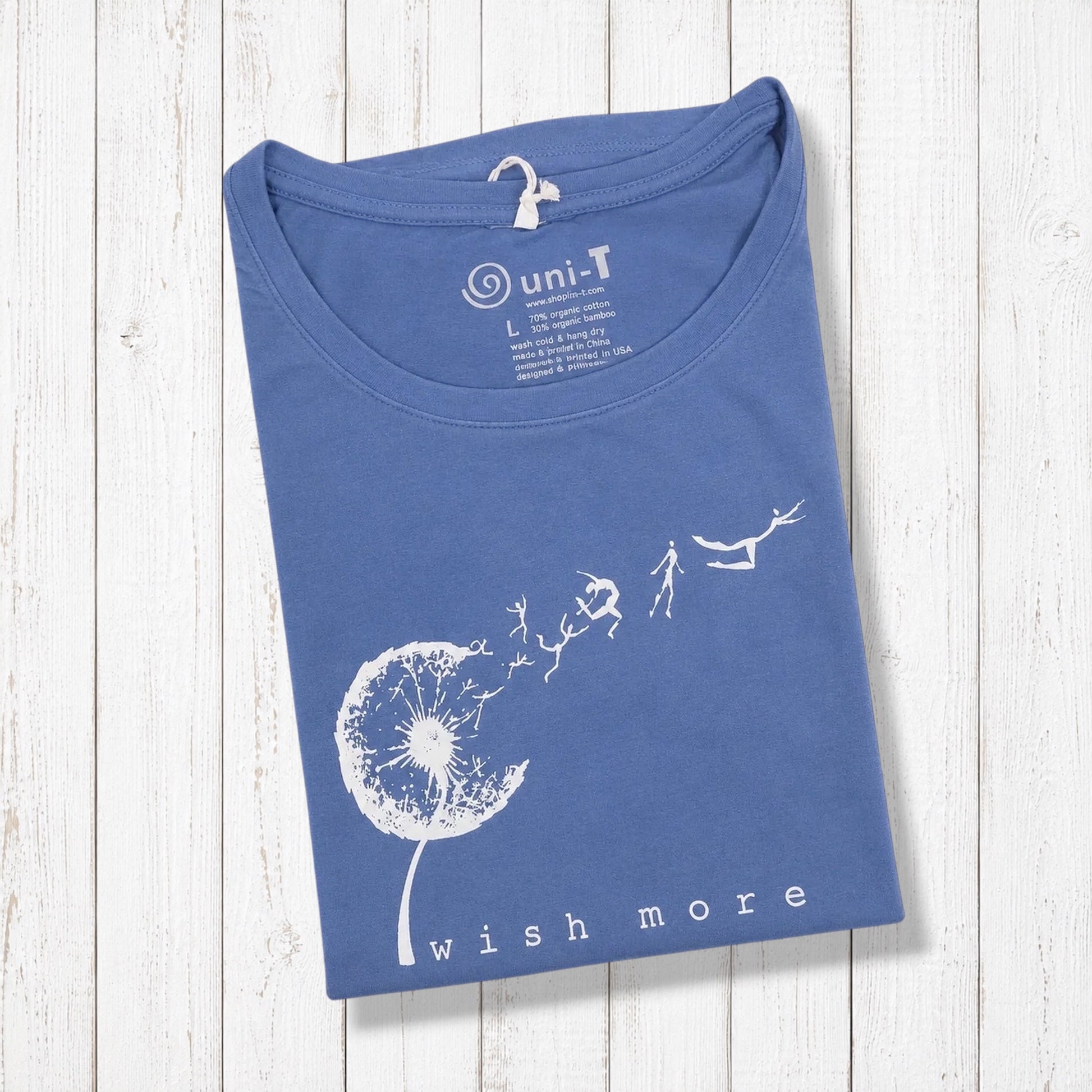Women’s navy blue bamboo and organic cotton graphic T-shirt with wish more dandelion design, casual style, size M SKU: WSSXXSOCN