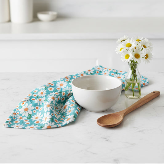 Daisy print linen cotton tea towel with pitcher