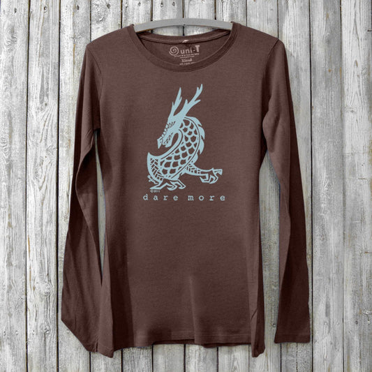Women's Dragon Long Sleeve T-Shirt in bamboo and organic cotton, brown color with light blue dragon graphic and 'Dare More' text. Cozy fantasy art tee.