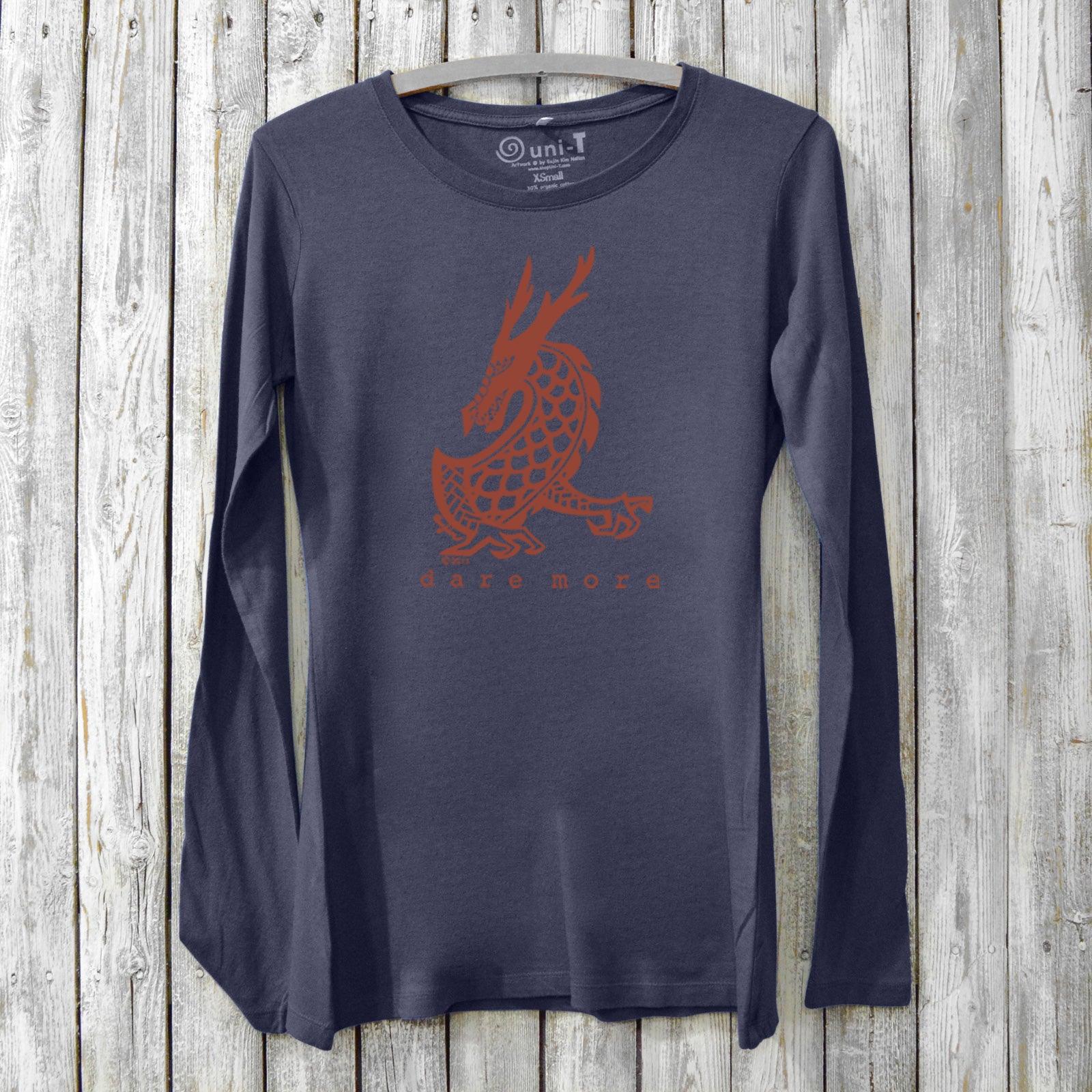 Ocean blue women's bamboo and organic cotton long sleeve T-shirt with red dragon graphic and 'Dare More' slogan. Fantasy-themed cozy apparel.