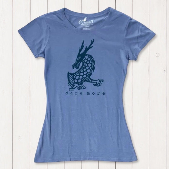 Blue 'Dare More' dragon T-shirt for women featuring dark navy print. Sustainable bamboo-organic cotton blend tee by Uni-T.